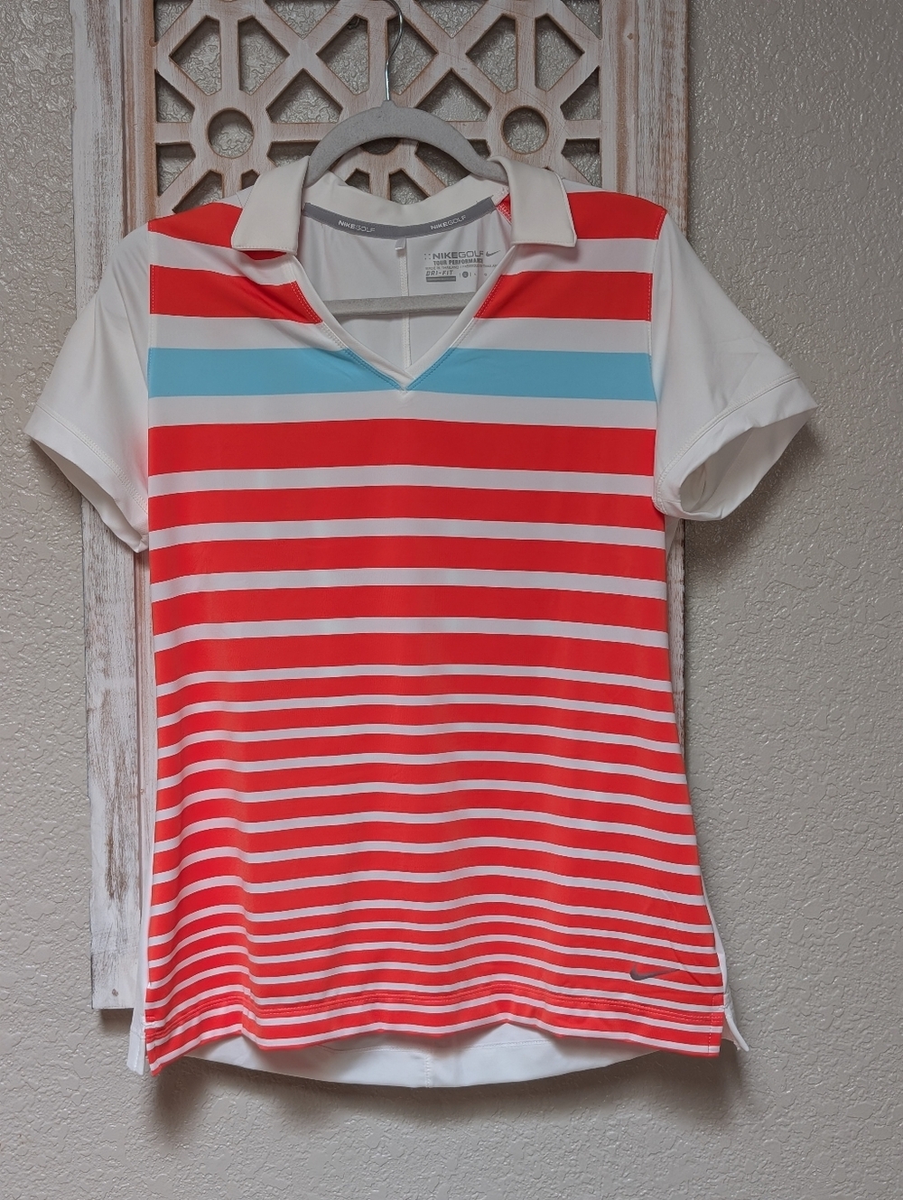 Nike Golf Tour Performance polo shirt womens LG orange/ white stripes athletic